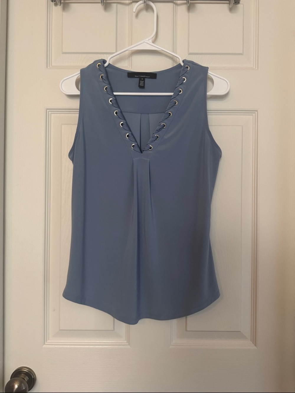 White House Black Market WHBM Dusty Blue Lace-Up V-Neck Sleeveless Shell